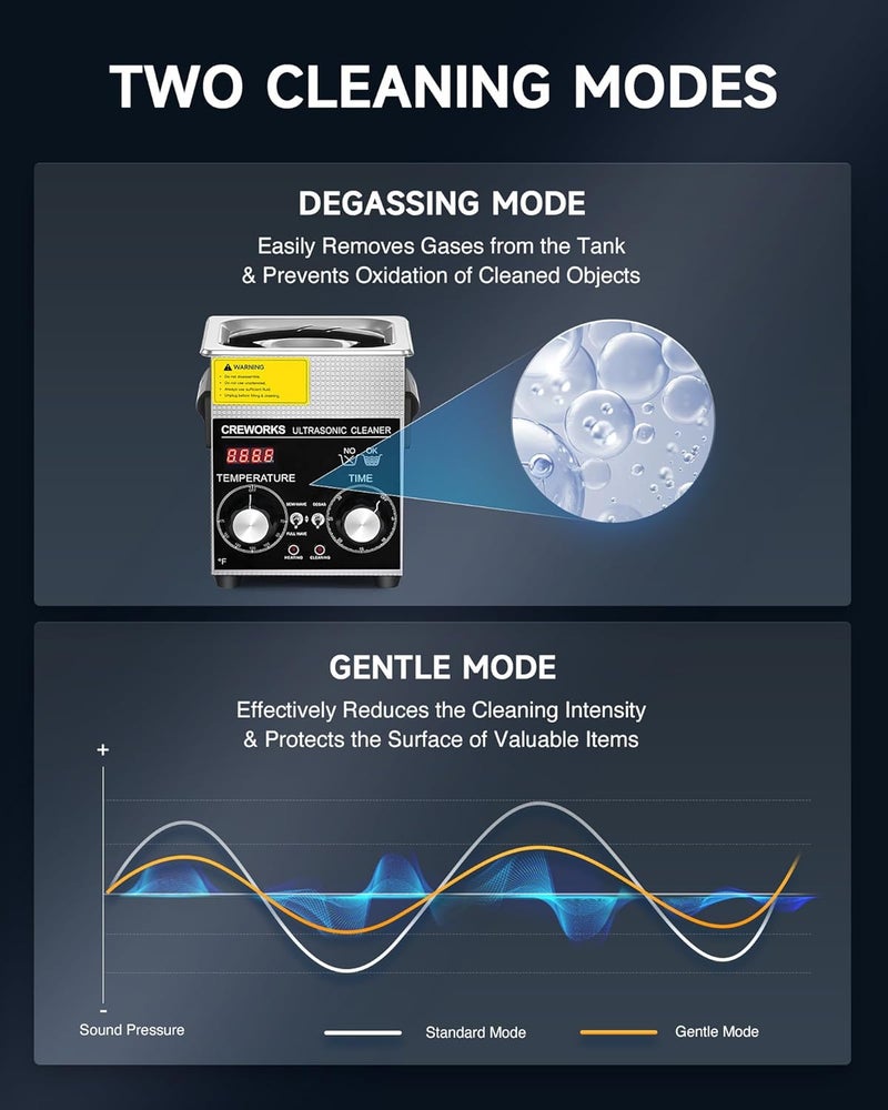 CREWORKS 2L Ultrasonic Cleaner with Degas & Gentle Modes, 60W Stainless Steel Ultrasonic Cleaner Machine with Heater and Timer, Ultrasonic Parts Cleaner with Knob Control for Jewelry Glasses Watch - Image 3